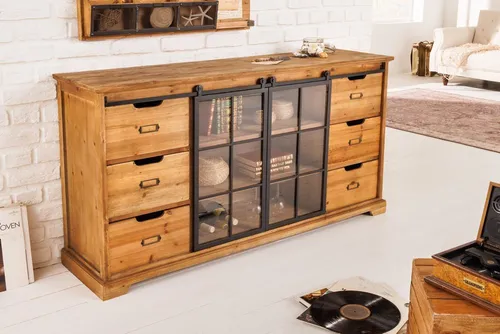 Riess-Ambiente Sideboard HERITAGE 148 cm – Massivholz im Landhausstil - Elegantes Sideboard HERITAGE aus naturbelassenem Pinienholz mit sechs Schubladen und drei Regalböden. Ideal für Wohnzimmer, bietet moderne Elemente und viel Stauraum für Bücher, Geschirr und Deko.