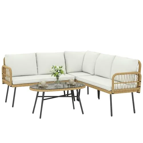 Outsunny Polyrattan Gartenmöbel Set 4-teilig - Vielseitiges Lounge Set für bis zu 5 Personen: bestehend aus zwei Zweisitzern, einem Ecksofa und einem eleganten Glastisch. Wetterfestes PE-Rattan sorgt für Langlebigkeit und ansprechendes Design – ideal für Terrasse oder Balkon.