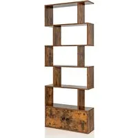 Costway Bücherregal mit Türen 183 x 70 x 23 cm in Braun - Stylisches S-förmiges Bücherregal mit 5 offenen Fächern und einem geschlossenen Schrank. Ideal für Wohnzimmer oder Büro, bietet viel Stauraum und schützt den Boden mit rutschfesten Füßen.