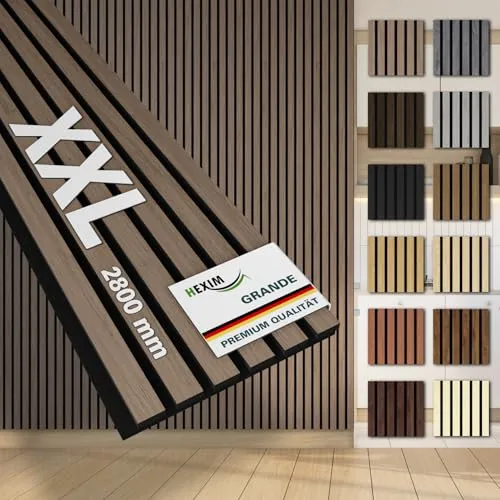 HEXIM Akustikpaneele 4 Stück 280x30cm - Edle Holzpaneele mit Filz-Schalldämmung - 4 Akustikpaneele aus Echtholzfurnier und extra dickem Filz – für effektive Schalldämmung und stilvolle Wandgestaltung. Ideal für Wohnzimmer, Büros oder Restaurants.