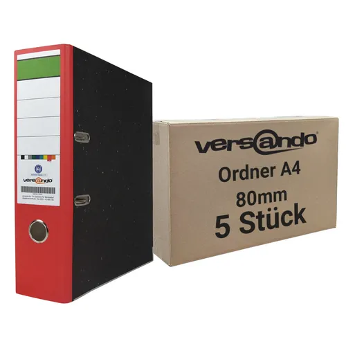 5x Ordner roter Rücken versando® A4 80mm breit - Blauer Engel - grüner Balken