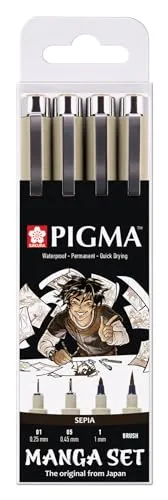 SAKURA Pigma Manga-Stifte-Set in Sepia (4 Stück) | wasserfeste, permanente Tinte, verschiedene Größen | Fineliner und Pinselstifte für Cartoons und Zeichnungen