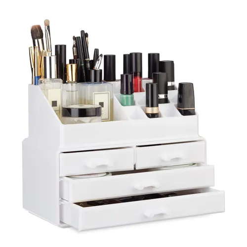 relaxdays Make-Up Organizer mit 4 Schubfächern, weiß - Bad-Organizer für Ordnung auf dem Schminktisch, 4 Schubladen und 16 Ablagen bieten viel Stauraum für Kosmetik und Schmuck. Entnehmbare Einleger schützen vor Kratzern und Staub.
