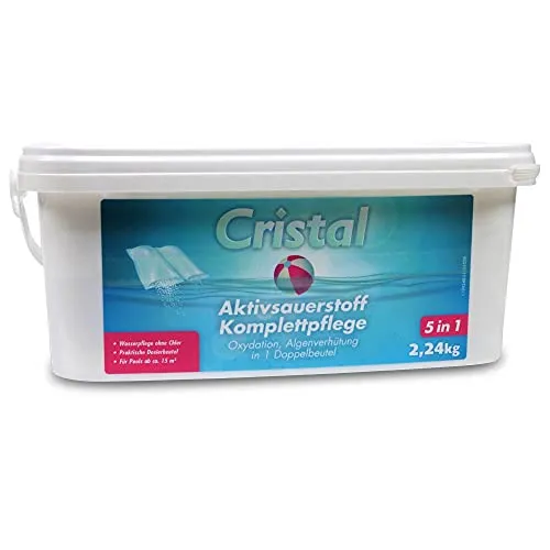 Cristal Aktivsauerstoff Komplettpflege 6,72 kg - Chlorfreie Poolpflege - Chlorfreie 5-in-1 Komplettpflege für Pools & Whirlpools ab 15 m³, hautfreundlich und geruchslos. Effiziente Desinfektion und Algenverhütung für hygienisches Wasser.