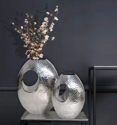 FINEBUY Dekovase Vase 2er Set Blumenvase Aluminium Hammerschlag Tischvase Modern (Vase 2er Set Aluminium Silber, Hammerschlag), Tischvase mit Tragegriff, Blumenvase Modern
