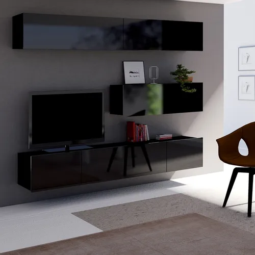 Lomadox Wohnwand CAIRNS-132 in Schwarz Hochglanz - Moderne Wohnwand für Unterhaltungselektronik, griffloses Design, hochwertige melaminharzbeschichtete Oberfläche, ideal für stilvolle Wohnräume.