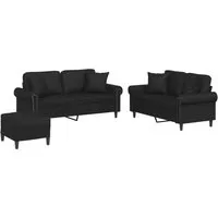 vidaXL 3-tlg. Sofagarnitur mit Kissen Schwarz Kunstleder - Sofas - Langlebige Kunstleder-Sofagarnitur mit dick gepolsterten Sitzflächen und einem praktischen Fußhocker für maximalen Komfort und vielseitige Nutzung in deinem Zuhause.