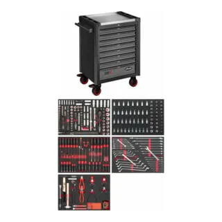 VIGOR Werkstattwagen SeriesL V4560-X, 344-teilig - Robuster Werkstattwagen mit 344 Teilen und Edelstahl-Arbeitsplatte. Ideal für handwerkliche Einsätze, bietet hohen Komfort durch zentrale Verriegelung und einfache Mobilität.