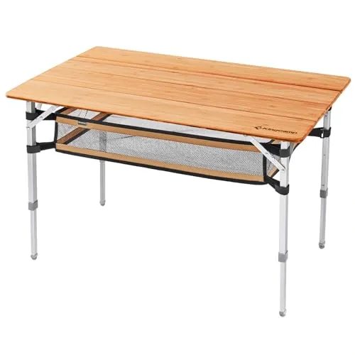 KingCamp Campingtisch Bambus mit Aufbewahrungsnetz Campingtisch höhenverstellbar für 4-6 Personen klappbar 4 Falten mit Tragetasche belastbar bis 80 kg,100 x 65 cm,L