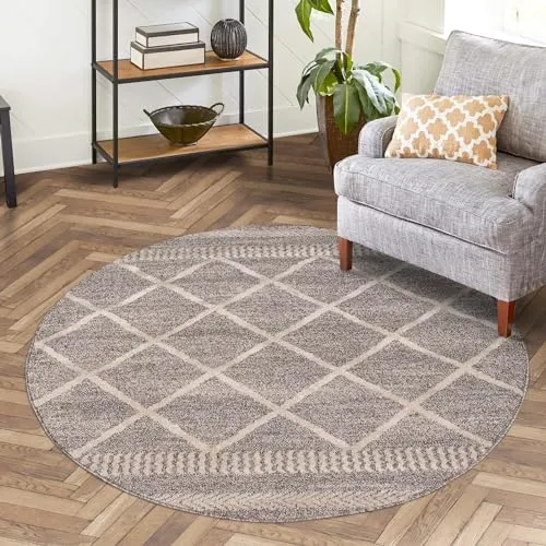 carpet city Teppich Ethno Wohnzimmer Mocca 160x160 cm - Runder Boho-Teppich mit Raute-Berber-Muster, ideal für modernes Wohnen. Schadstoffgeprüft und pflegeleicht, perfekt für jeden Raum.