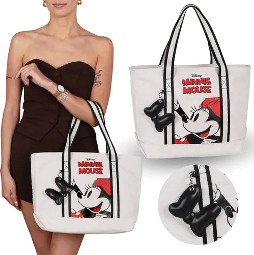 Minnie Mouse Disney BEIGE Damen Umhängetasche, GROSS Shopper mit Schlüsselring JUGEND
