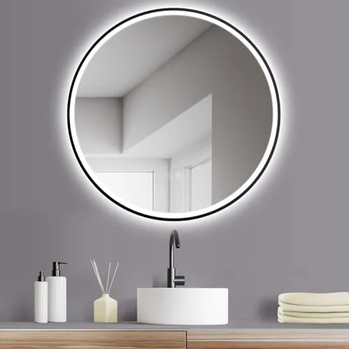 HOKO Design ANTIBESCHLAG Badspiegel rund 80 cm mit Metall Rahmen Matt Schwarz. Runder Bad Wandspiegel LED beleuchtet + Touch Schalter + LED Licht Wechsel