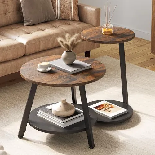 YITAHOME 2er Set Couchtisch Set Rund, Wohnzimmertisch mit Stauraum, Beistelltisch 2er Set Stapelbar mit Holzplatte und Metallrahmen, C-förmiger Beistelltisch, Couch Tisch Wohnzimmer, Rustikales Braun