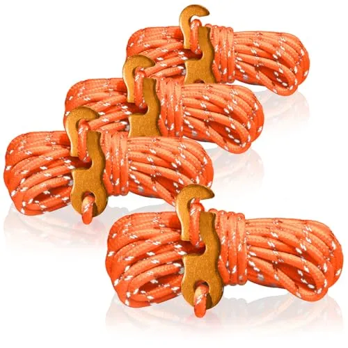 COM-FOUR® 4X Abspannseil je 4m für Camping reflektierend in orange - Zeltschnur mit Abspannschnalle aus Aluminium - Spannschnur - Camping Schnur - Seilspanner - Zeltleine - Sturmband