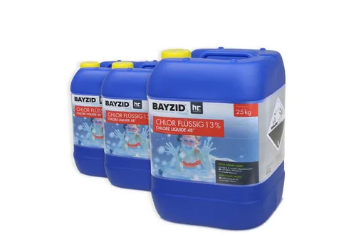 BAYZID 3x 25 kg Flüssigchlor 13% für Pools - Effektive Pooldesinfektion mit 13% Aktivchlorgehalt im praktischen 25-kg-Kanister. Ideal für automatische Dosieranlagen und sorgt für hygienisch reines Wasser.