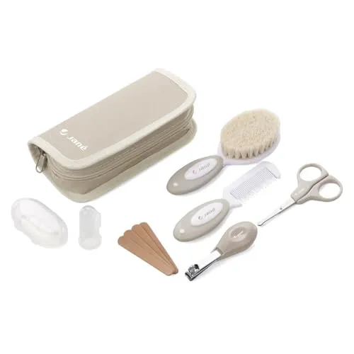 Jané Baby Pflege Set mit Tasche, Neugeborenen Set 8 Teile, Naturborsten Bürste, Schere, Nagelknipser, Feile, Zahnbürste Silikon, Beige