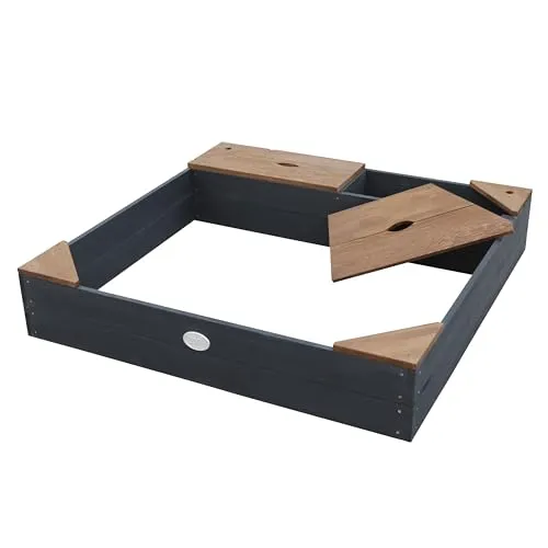 AXI Sandkasten Amy aus FSC Holz mit Abdeckplane in Anthrazit & Braun | Sand Kasten mit Abdeckung für Kinder mit Sitzbank, Sitzecken & Stauraum | 115 x 115 cm
