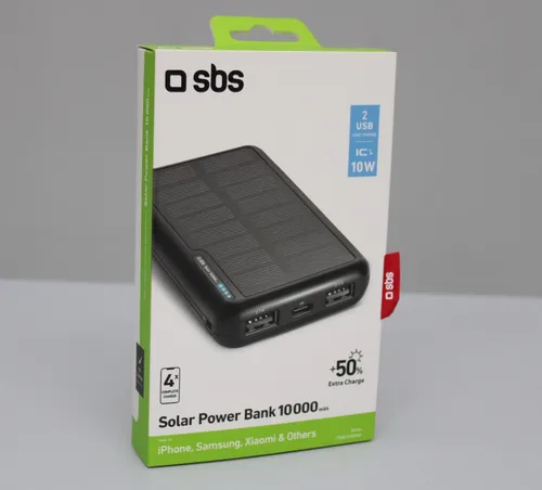 SBS Solar Powerbank 10.000 mAh - Powerbank mit Solaraufladung, ideal für unterwegs mit 10.000 mAh Kapazität und USB-C Anschluss, perfekt für Smartphones wie iPhone und Samsung.