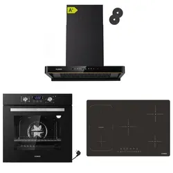 KB ELEMENTS Sparset, Einbauherd Set, Herdset, Induktionskochfeld 77cm, Einbaubackofen 60cm, Dunstabzugshaube 80cm, AQUA CLEAN, EV2/105/H80 - Schwarz