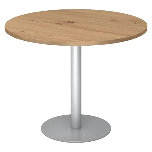 bümö Besprechungstisch - Rund 100 cm Asteiche für 2 Personen - Kinderschreibtische mit robuster, kratzfester Tischplatte und stabiler Metall-Säule für sicheren Stand. Ideal für Besprechungen oder als Esstisch.