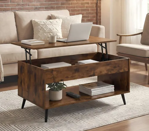 VASAGLE Höhenverstellbarer Wohnzimmertisch mit Stauraum, Vintagebraun-Schwarz - Vielseitiger Couchtisch mit höhenverstellbarer Tischplatte für flexible Nutzung im Homeoffice oder Wohnzimmer. Versteckte Fächer bieten praktischen Stauraum und sorgen für Ordnung. Elegantes Design bringt Retro-Charme in Ihr Zuhause.