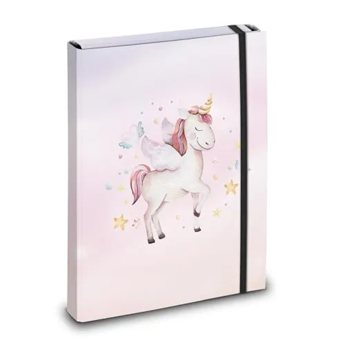 itenga Heftbox mit Motiv DIN A4 - Schulheftbox Sammelbox mit Gummizug- für Kinder Jugendliche Schüler Mädchen (Motiv Einhorn)