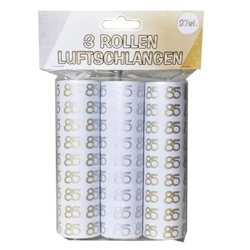 Udo Schmidt Luftschlangen 85 Geburtstag weiß Gold Silber, 3 Rollen