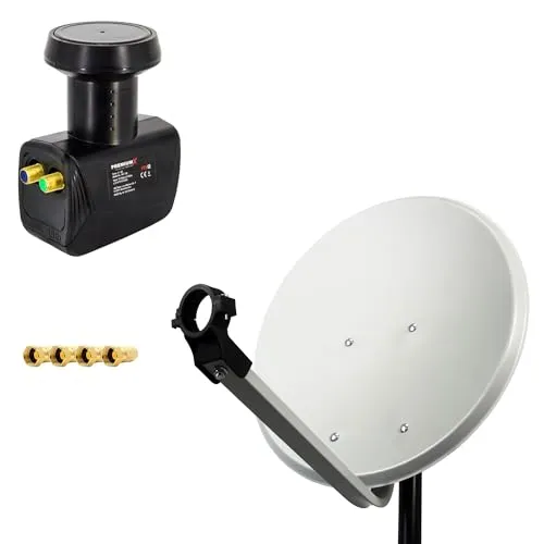 Premium X 45cm Satellitenschüssel Stahl Hellgrau mit Twin LNB - SAT-Antenne mit 45 cm Spiegel, wetterfest und rostfrei. Perfekt für 2 Teilnehmer, unterstützt 4K Ultra HD für besten TV-Empfang.