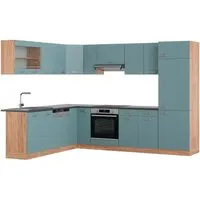 Vicco Winkelküche R-Line, Blau-Grau/Goldkraft Eiche, 227 x 287 cm - L-Küche mit individueller Konfigurierbarkeit, robustem Design und ideal für gesellige Kochabende mit Familie und Freunden.