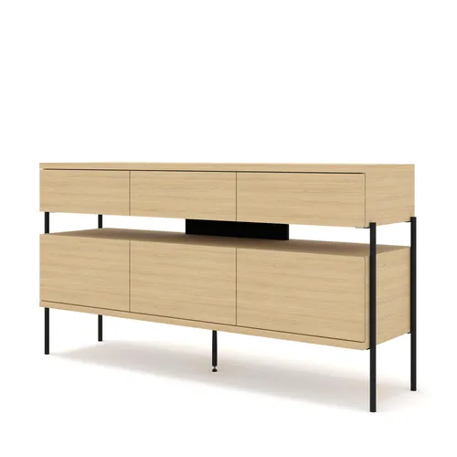 Kommode PUFFIN 154 cm 3D3S NATUR-EICHE lackiertes Furnier schwarze Metallfüße Schubladen Montiert