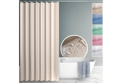 ANRO Duschvorhang aus Italien hochwertig verarbeitet mit Ösen und Haken aus Kuststoff Breite 120 cm (Packung, 1-tlg., Duschvorhang inkl. Aufhängeringe), robuster Vorhang für Stangenaufhängung in Größe 200x120cm in natur