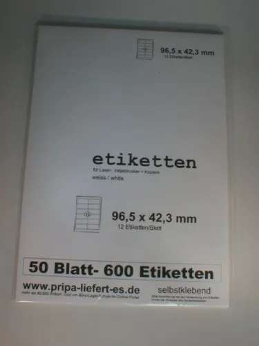 Etiketten 96x42 mm selbstklebend auf 50 Blatt A4 weiß Tinte/Laser/Copy PRIPA 600