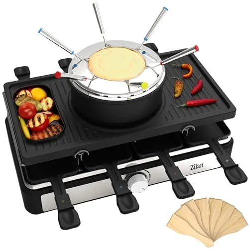 Raclette Grill mit Fondue Set für 8 Personen - Raclette und Fondue Set in einem, perfekt für gesellige Abende. Mit 8 antihaftbeschichteten Pfännchen und 1400 W Leistung für schnelles Grillen und Schmelzen.