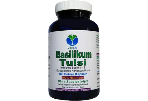 VitalLife Basilikum Tulsi NATUR pur KEIN Extrakt OHNE Zusatzstoffe Kapseln, 1 er Dose à 180 St., 81 g, Art. 26417-180