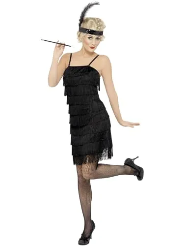 Smiffys Deluxe Fringe Flapper Kostüm, Schwarz - Kostüm-Outfits für Erwachsene, stilvolles 20er Jahre Flapper-Kleid mit fransen und Pailletten-Stirnband, ideal für Karneval und Themenpartys, leichtes Material für optimalen Tragekomfort.