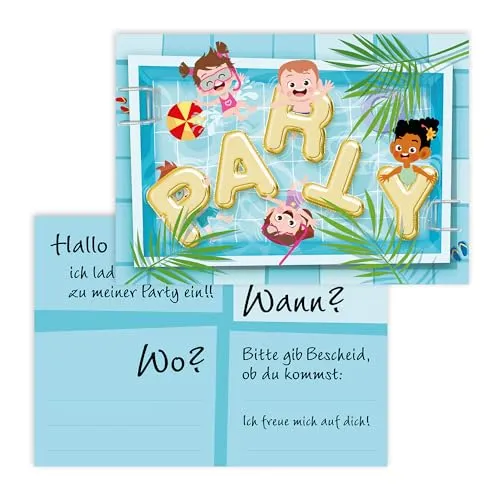 Kigebu 12 Einladungskarten Kindergeburtstag Pool/Schwimmbad [extra stabil] Einladung für Poolparty, Sommerfeier| die Geburtstagseinladung für Jungs und Mädchen (Pool ohne Kuvert)