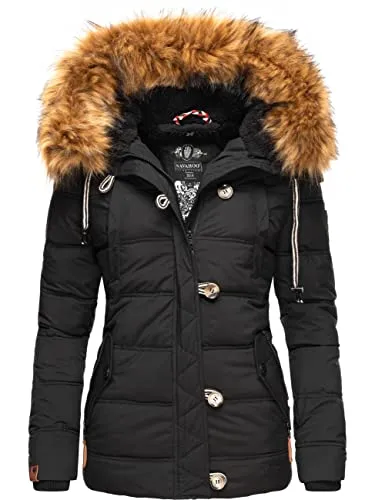 Navahoo Damen warme Winter Steppjacke mit abnehmbarem Kunstfell Zoja Schwarz Gr. XXL