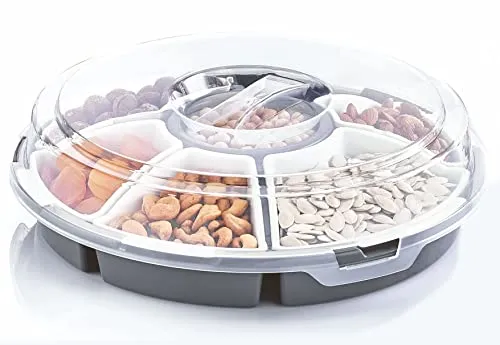 Spetebo Transport Servierset mit 6 Schalen - Ø 33 cm - Runde Snack und Dip Transportbox mit Deckel - Snackteller Snackbox Dip Tapas Schüsseln Servier Teller spülmaschinenfest