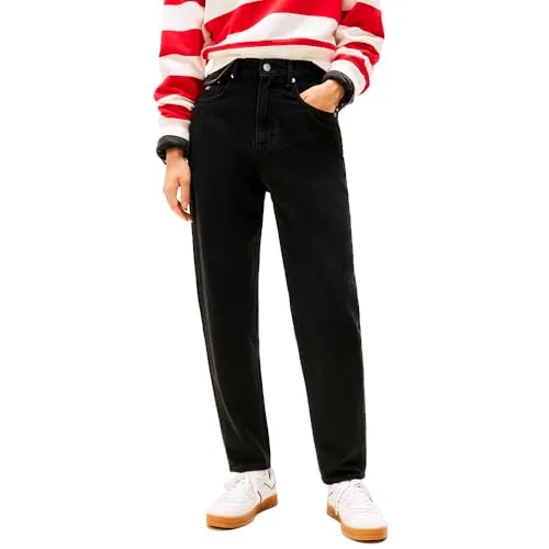 Tommy Jeans Damen Mom Jean Uhr TPR Ai4185Dw0Dw21389 - Stylische Mom Jeans in Denim Black mit Five-Pocket-Styling und Tommy Flag Stickerei, perfekt für einen lässigen Look.