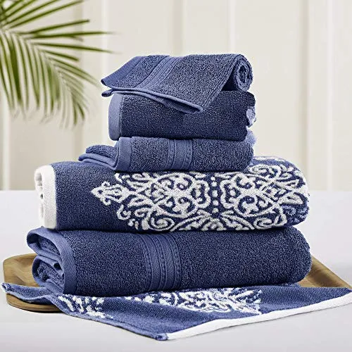 Amrapur Overseas | Artesia Damast 6-teiliges wendbares Garn gefärbtes Jacquard Handtuch-Set (Indigo)