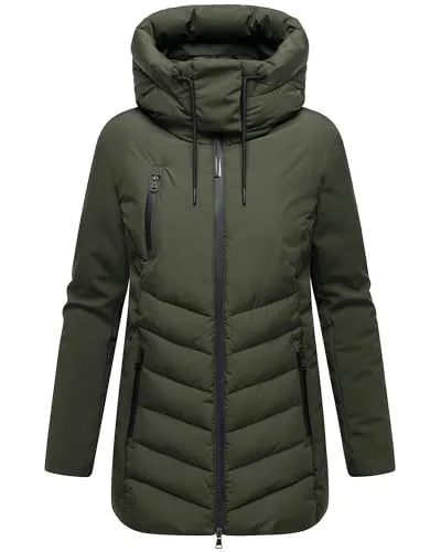 MARIKOO Damen Winter Steppjacke gesteppt Winterjacke Softshell Material, abnehmbarer Kapuze, gefüttert Tivaa XS - 3XL (DE/NL/SE/PL, Alphanumerisch, L, Regular, Regular, Dunkel Olive)