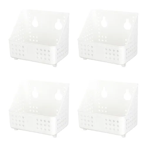 Cetomo Plastik-Hängkörbe mit Löchern, Wandmontierte Aufbewahrungsboxen, Aufhängbarer Regalkorb-Organisator mit Haken – Für Badezimmer, Dusche, Haus & Küche, 4er Pack, Weiß (19.7 x 13 x 17 cm)