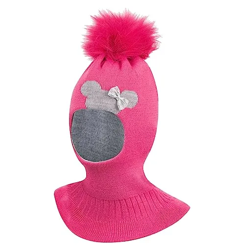 Smarilla Wintermütze Schalmütze Strickmütze Schlupfmütze warme Mädchenmütze Bommelmütze, Farbe: Rosa-Hellgrau, Größe: 50-52