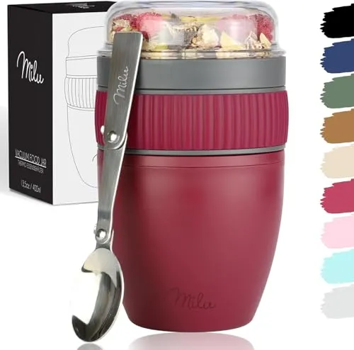 Milu Müslibecher to go 400ml MüsliMax - Auslaufsicherer Joghurtbecher mit Löffel (Berry) - Thermostassen & -becher mit zwei getrennten Behältern für knusprige Zutaten, ideal für Joghurt oder Porridge. Auslaufsicher und mit praktischem Edelstahl-Faltlöffel.