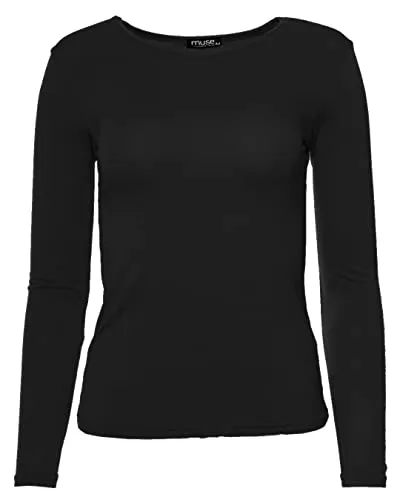 Easy Young Fashion - Damen Basic Rundhals Shirt - Langarm Unterziehshirt - Skinny Fit 1093 - Schwarz S