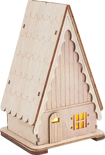 VBS Holzbausatz Dachhaus inkl. LED, 13 Teile, 9.2x10.0x16.0 cm, Warmweiß, Ganzjährig, Sperrholz, Bausatz für Modellbau und Bastelprojekte