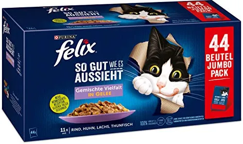 Felix Katzennassfutter So gut wie es aussieht in Gelee Geschmacksvielfalt vom Land 44x 85 g Portionsbeutel