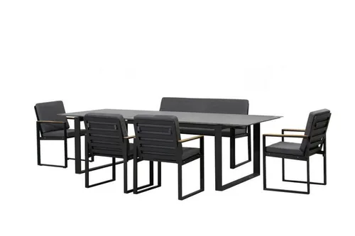 OUTFLEXX Garten-Essgruppe Alexander - Moderne Esstischgarnitur für 7 Personen, aus rostfreiem Aluminium und FSC-zertifiziertem Teakholz. Genießen Sie höchsten Komfort und wetterfeste Materialien für entspannte Stunden im Freien.