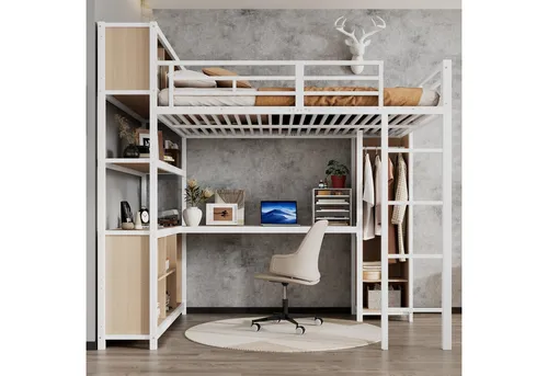 Eisenbett mit Stauraum und Kleiderschrank - Multifunktionales Hochbett mit doppelstöckigem Stauraum unter dem Schreibtisch und integriertem Kleiderschrank – ideal für Ordnung und Komfort in jedem Raum.