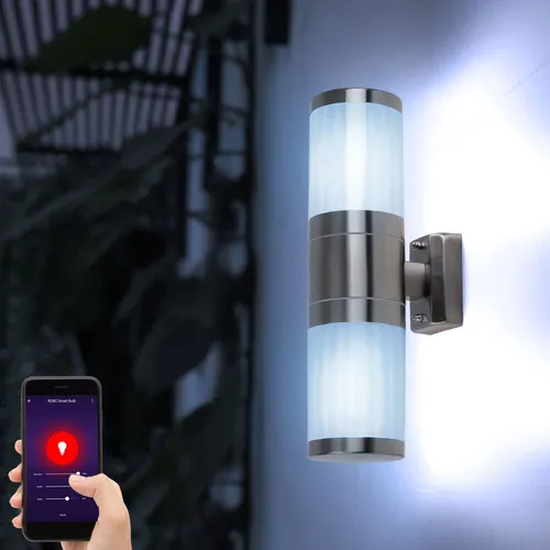 Edelstahl Außen Wand Leuchte Up Down mit Handy App Steuerung - Moderne Wandleuchte für den Außenbereich mit IP44 Schutz. Inklusive 2 RGB LED Leuchtmittel für individuelle Lichtgestaltung und Steuerung per App oder Sprachbefehl.